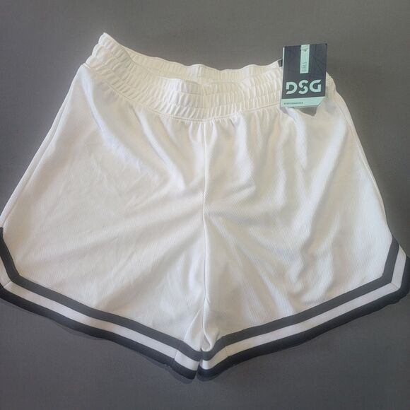DSG Girls X-Large Pure White Black Stripe Mid Rise Mesh Shorts Athletic Gym NWT - Picture 1 of 11